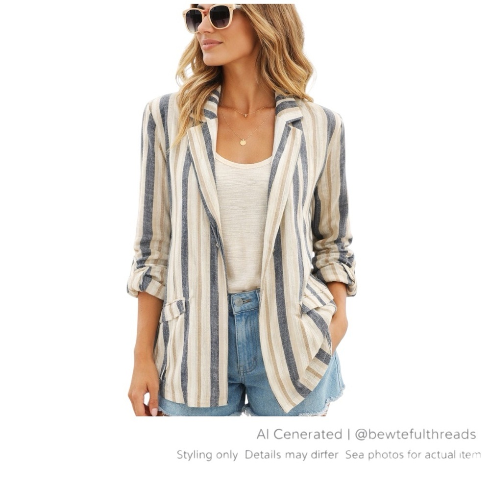 Coastal Striped Linen Blend Blazer Jacket Blue Cream Resort Layer Small / medium